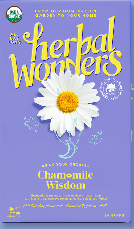 Front of the Herbal Wonders Chamomile Wisdom tea box